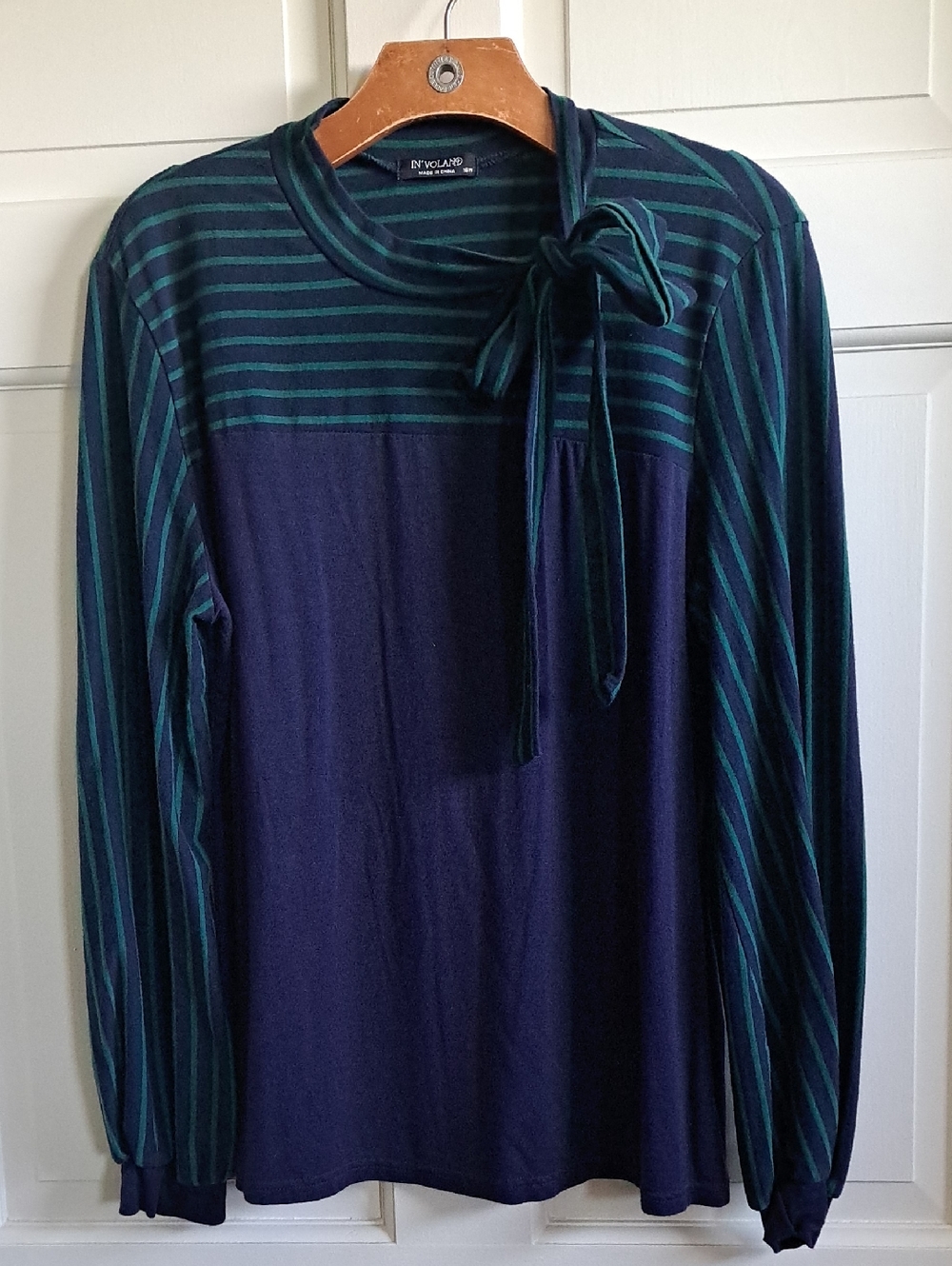 In'Voland Navy Teal Striped Tie Neck Long Sleeve Blouse Comfy Plus Lightweight